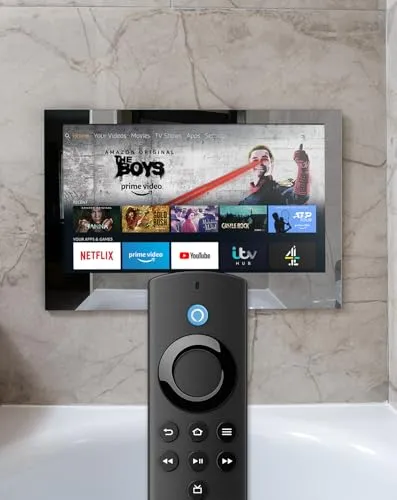 WaterVue TV de baño con espejo de 24 pulgadas con Amazon Fire TV Stick/IP65/TV de baño/Full HD/LED/impermeable con Wi-Fi y Bluetooth/Alexa/altavoces integrados /