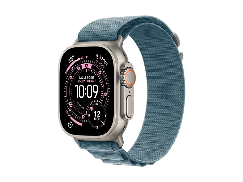 Apple Watch Ultra 3 (2025), GPS+CEL, 49 mm, Caja de Titanio Natural, Correa Alpine Loop Azul claro, M, Calidad del sueño, Via satélite, 42h Autonomía