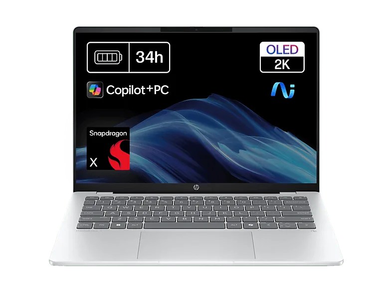 Portátil - HP OmniBook 5 NGAI 14-he0000ns Copilot+ PC, 14" 2K, Snapdragon X1-26-100 45 TOPS, 16GB RAM, 512GB SSD, Gráficos Adreno™, W11 Home, Plata
