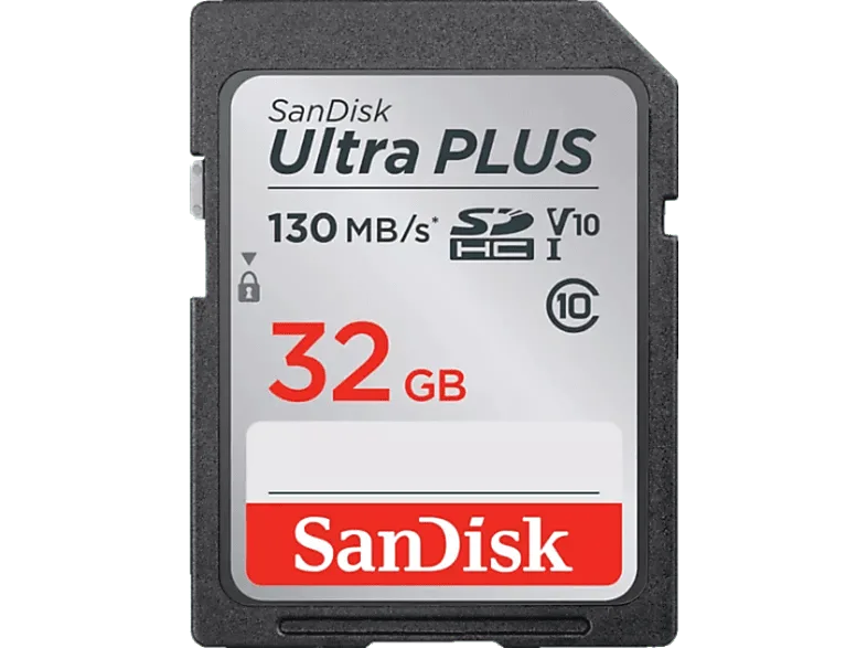 Tarjeta SDHC - SanDisk Ultra Plus, 32GB, 130 MB/s, UHS-I, V10, Clase 10, Resistente al Agua, Multicolor