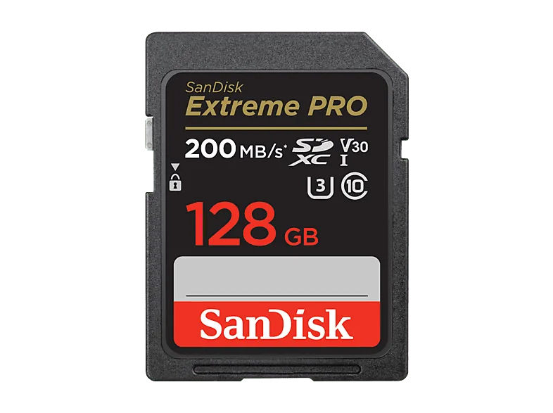 Tarjeta SDXC - SanDisk Extreme PRO, 128 GB, Hasta 200 MB/s lectura, U3, V30, Clase 10, Vídeo 4K UHD, Negro