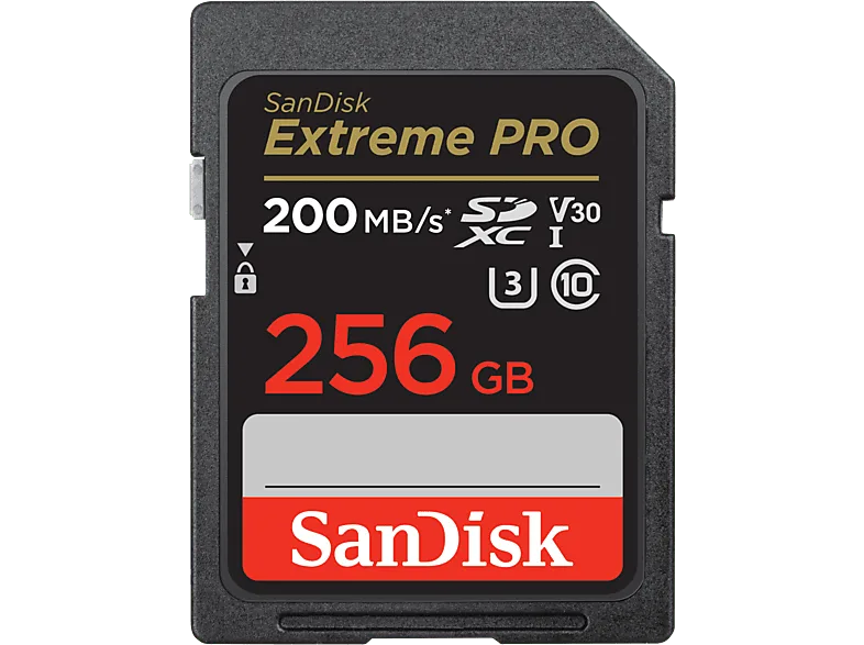 Tarjeta SDXC - SanDisk Extreme PRO, 256 GB, Hasta 200 MB/s lectura, U3, V30, Clase 10, Vídeo 4K UHD, Negro