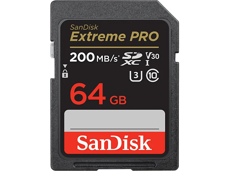Tarjeta SDXC - SanDisk Extreme PRO, 64 GB, UHS-I, Hasta 200 MB/s lectura, U3, V30, C10, Vídeo 4K UHD, Negro