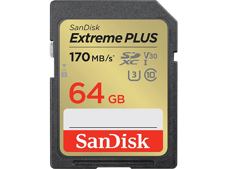 Tarjeta SDXC - SanDisk Extreme PLUS, 64 GB, Vídeo 4k UHD, Hasta 170 MB/s lectura, U3, V30, C10, Multicolor