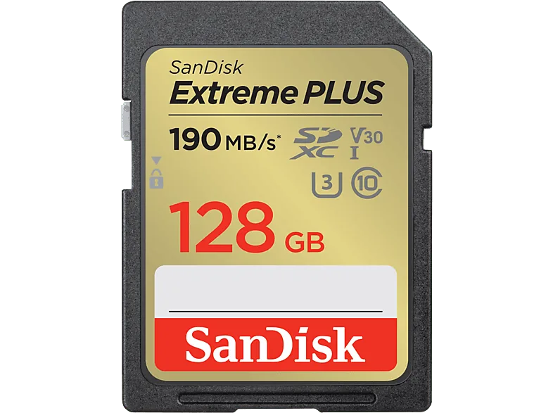 Tarjeta SDXC - SanDisk Extreme PLUS, 128 GB, Vídeo 4k UHD, Hasta 190 MB/s lectura, U3, V30, C10, Multicolor