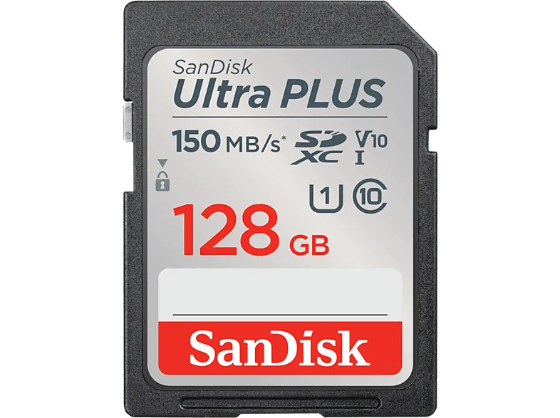 Tarjeta SDXC - Sandisk Ultra Plus, 128GB, 150 MB/s, UHS-I, V10, C10, Full HD, Para cámaras compactas, Multicolor