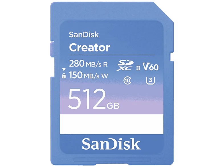 Tarjeta SDXC - Sandisk Creator SD USH-II, 512GB, Hasta 280 MB/s de lectura, Vídeos 6K, Para DSLR, V60, U3, Azul