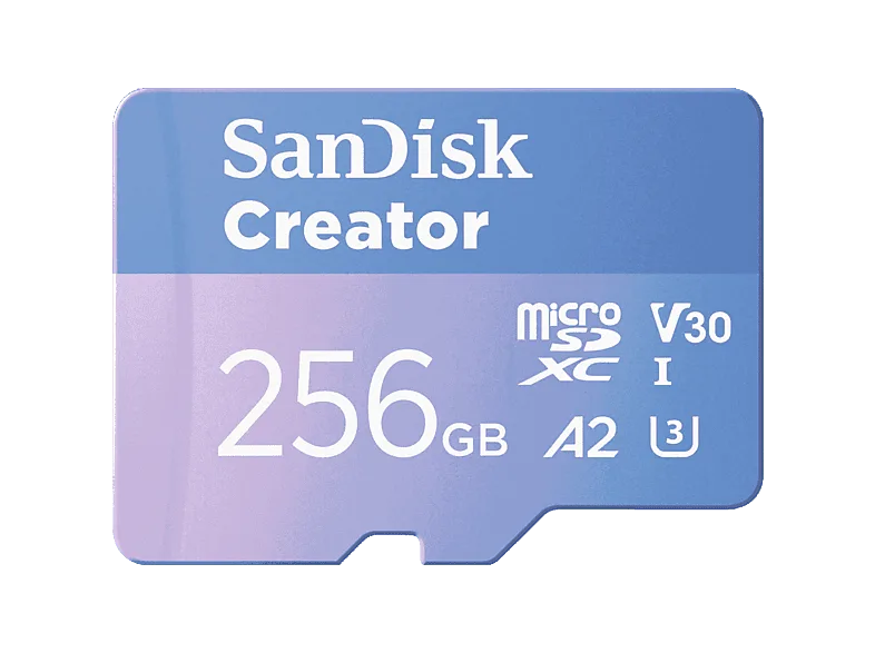 Tarjeta Micro SDXC - Sandisk Creator microSD UHS-I 256 GB, con adaptador, Hasta 190 MB/s, 4K y 5.3K, V30, A2, Azul
