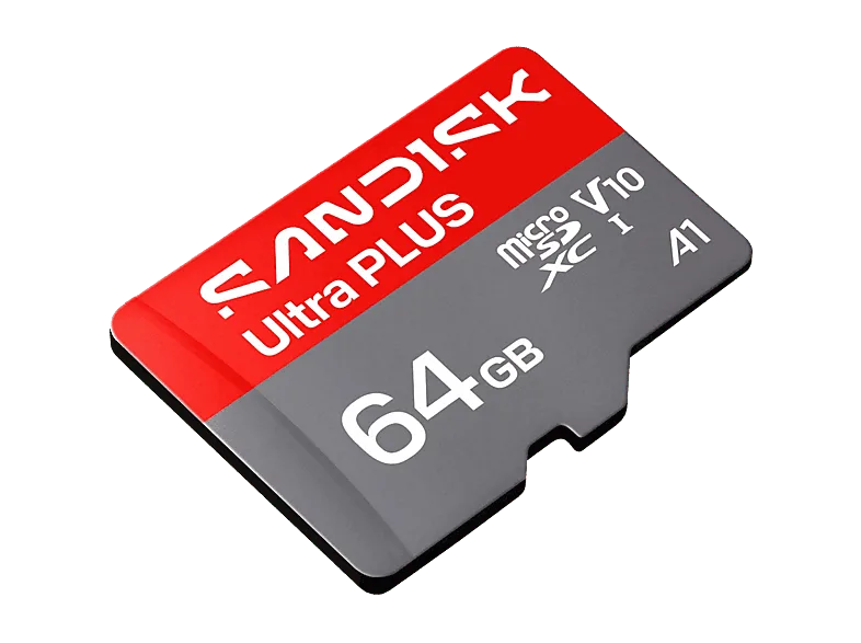 Tarjeta Micro SD - SANDISK Ultra PLUS, 64 GB, 150 MB/s, UHS-I, V10, A1, C10, Adaptador SD, Full HD, Gris