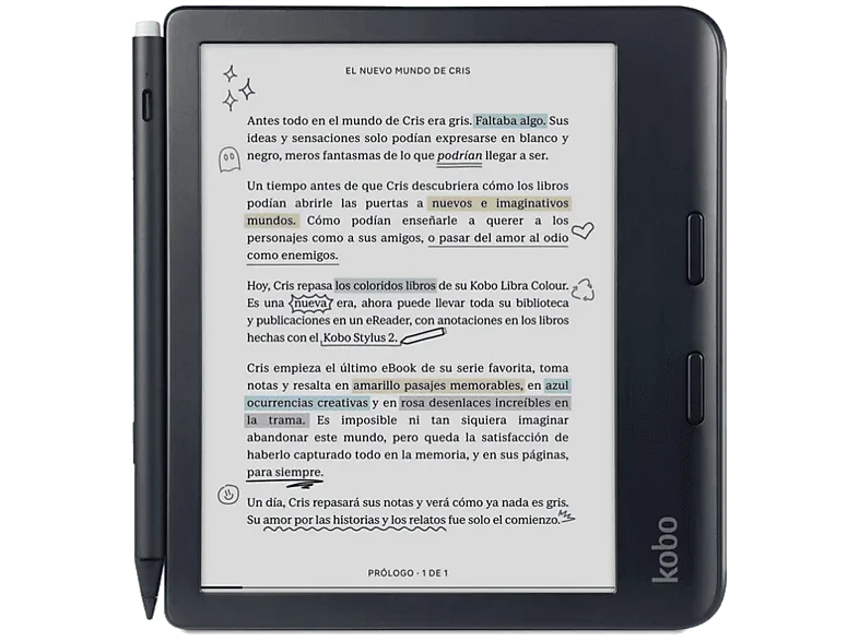 eBook - Kobo Libra Colour + Stylus 2 Negro, Pantalla Táctil a Color de 7", 32 GB, 1264 x 1680 píxeles, WiFi, Bluetooth, Resistente al Agua, Negro