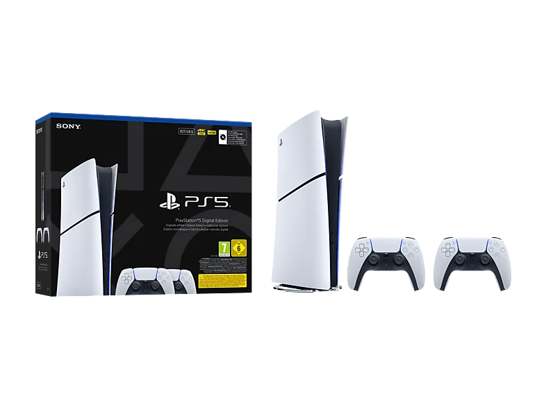 Consola - Sony PS5 Slim Digital Edition, 825 GB SSD, 4K, 2 mandos DualSense, Chasis E, Blanco
