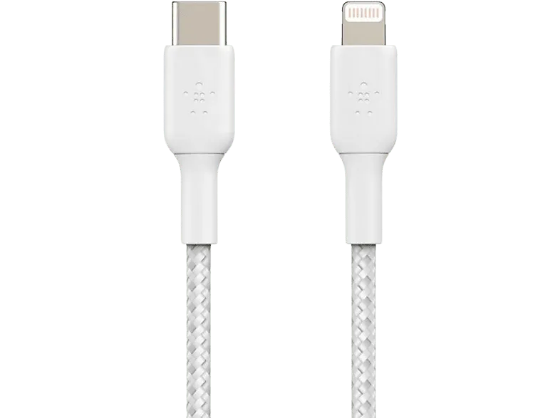 Cable USB - Belkin CAA004BT1MWH, USB-C a Lightning, Trenzado, 1 m, Blanco