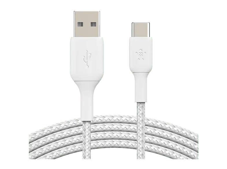 Cable USB - Belkin trenzado USB-C a USB-A, 1m, 15 W, Compatibilidad Universal, Blanco
