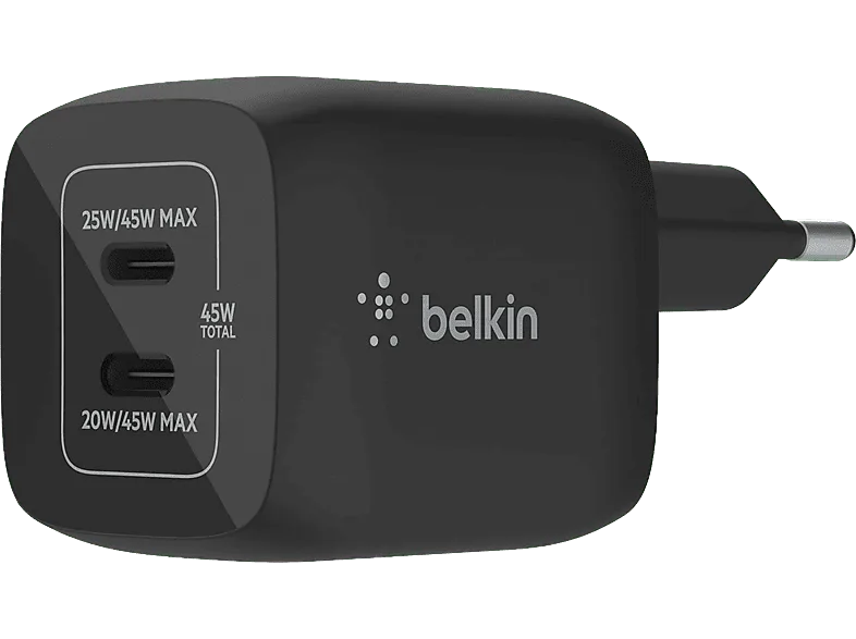 Cargador móvil - Belkin BoostCharge Pro WCH011vfBK, Universal, De pared USB-C® GaN doble con PPS de 45 W, Negro