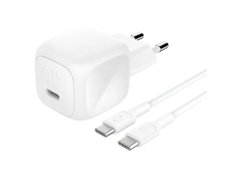 Cargador móvil - Belkin BoostCharge de pared compacto USB-C 45 W + cable USB-C, Universal, Blanco