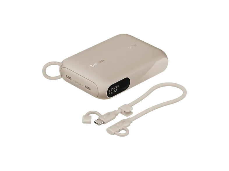 Powerbank - Belkin BoostCharge Batería externa 10K con pantalla, 10000 mAh, 2x USB-C, 20 W, Cable USB-C Extraíble, Arena