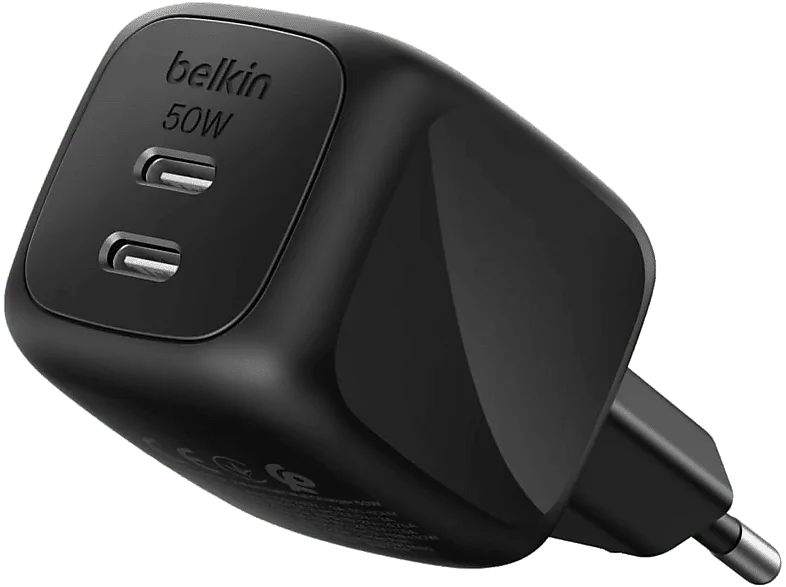 Cargador de pared - Belkin WCH019dqWH, 50W, Compatibles dispositivos con carga USB-C, 2 puertos tipo Negro