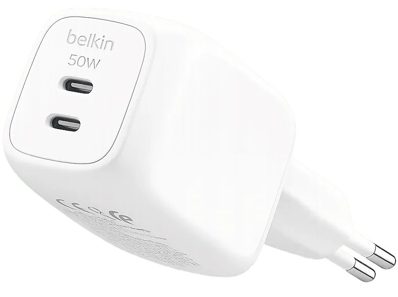 Cargador de pared - Belkin WCH019dqWH, 50W, Compatibles dispositivos con carga USB-C, 2 puertos tipo Blanco