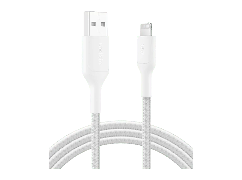 Cable USB - Belkin CAA020, USB-A a Lightning, 2m, Blanco