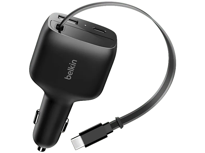 Cargador USB para coche - Belkin con cable retráctil de 75 W, Universal, Negro (imagen 1 de 3)