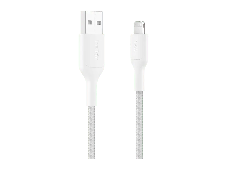 Cable USB-C a Lightning - Belkin CAA020, 1 m, Compatible con iPhone, USB-A conector Lightning, Trenzado, Blanco