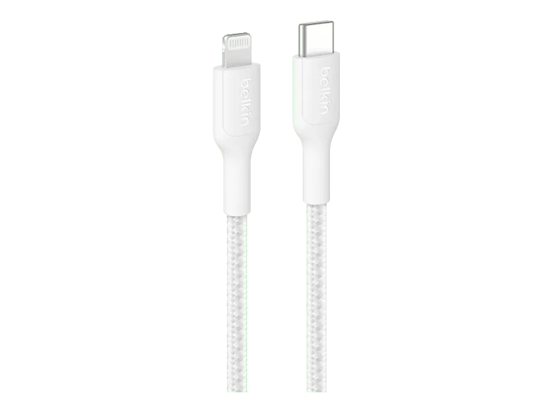 Cable USB-C a Lightning - Belkin CAA022, 1 m, Compatible con iPhone 14 y anteriores, USB-C® conector Lightning, Trenzado, Blanco