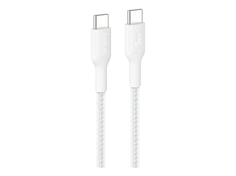 Cable USB - Belkin CAB024, 1 m, Dispositivos provistos de puerto USB-C, USB-C a 240 W, Trenzado, Blanco