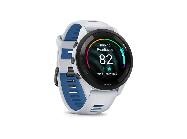 Reloj deportivo - Garmin Forerunner 265, Blanco/Azul, 22mm, Pantalla Táctil AMOLED 1.3", 13 días Autonomía, Morning Report, 8GB