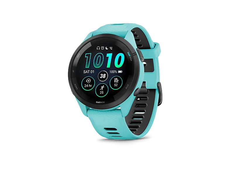 Reloj deportivo - Garmin Forerunner 265, Turquesa/Negro, 22mm, Pantalla Táctil AMOLED 1.3", 13 días Autonomía, Morning Report, 8GB