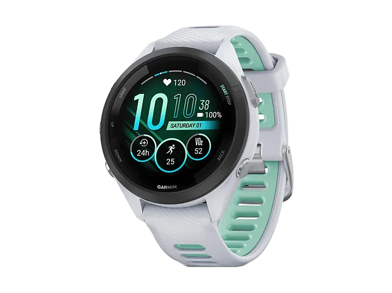 Reloj deportivo - Garmin Forerunner 265S, Blanco/Verde, 18mm, Pantalla Táctil AMOLED 1.1", 15 días Autonomía, Morning Report, 8GB