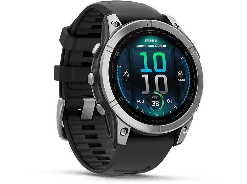 Reloj deportivo - Garmin Fénix® E, Acero plata con correa negra, 47 mm, Correa 125-208 1.3" AMOLED, GPS, Pay, Autonomía 16 días