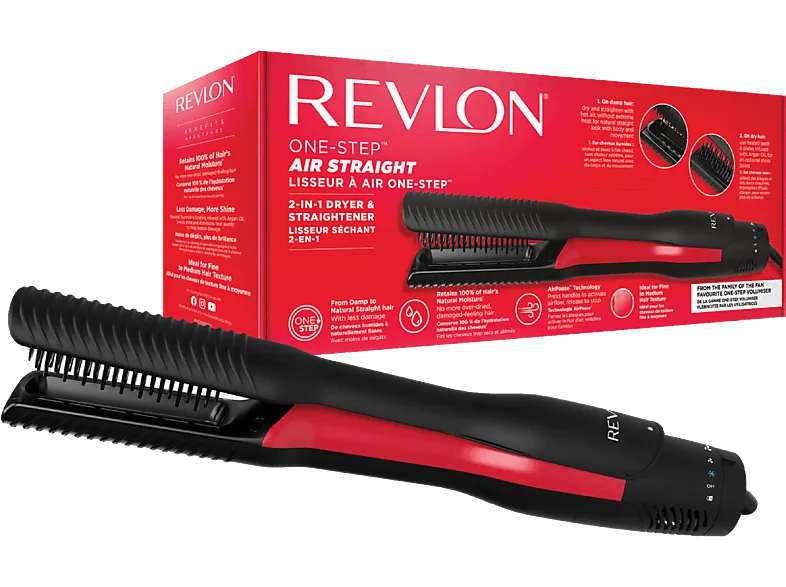 Plancha Secador - Revlon One Step Air Straight, Cerámica, De cabello húmedo a Liso natural, Negro