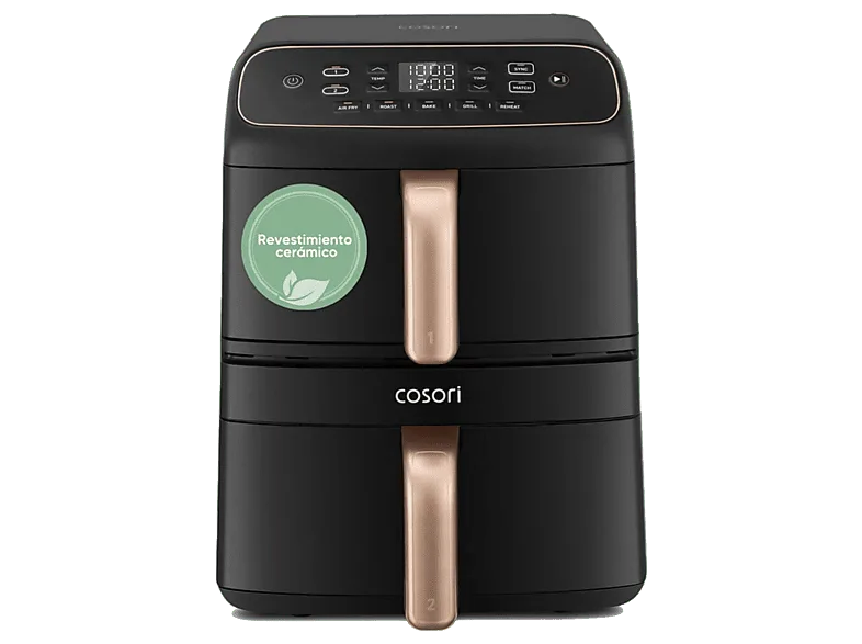 Freidora de aire - Cosori Turbo Tower Compact, Doble cesta, 8.6 l, 2630 W, 230 °C, Revestimiento cerámico Premium, Negro