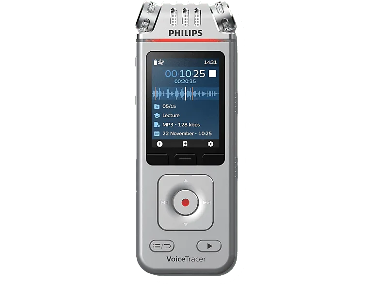 Grabadora de voz - Philips DVT4115, 8 GB, 36h Grabación, 3 Micrófonos, Plata