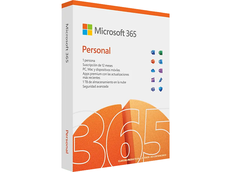 Microsoft 365 Personal, 12 meses, 1 persona, Aplicaciones Premium de Office, 1TB almacenamiento, para PC/Mac/Android/iOs (Formato físico)