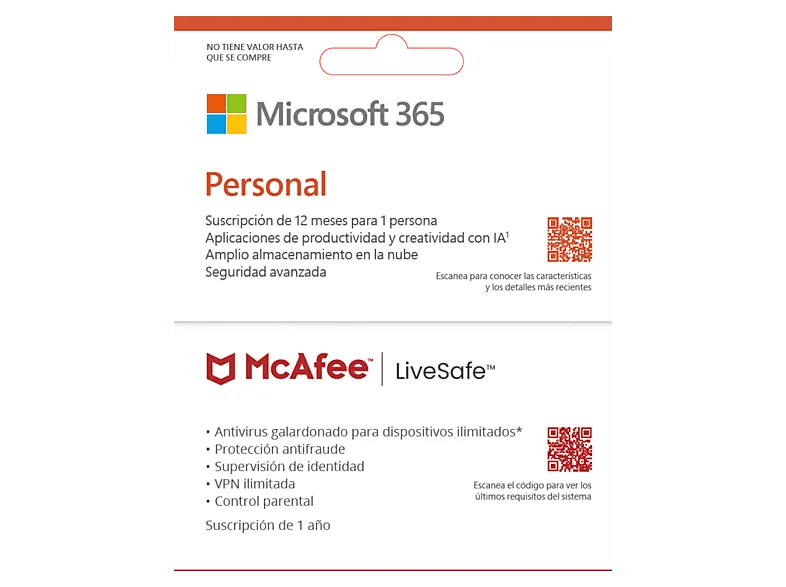Pack Microsoft Office 365 Personal + Antivirus McAfee LifeSafe, Suscripción 1 año (Formato Físico)