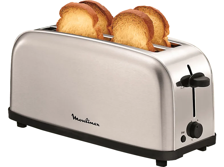 Tostadora - Moulinex Classic LS330D11, 1400 W, 2 Ranuras Extralargas, 6 Niveles de tostado, Bandeja recogemigas, Botón Stop, Acero Inoxidable