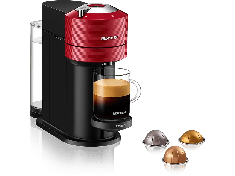 Cafetera de cápsulas - Nespresso® Krups Vertuo Next XN9105, 1500 W, 1.1 L, Calentamiento en 30 s, Tecnología Centrifusión, Wi-Fi, Bluetooth, Rojo