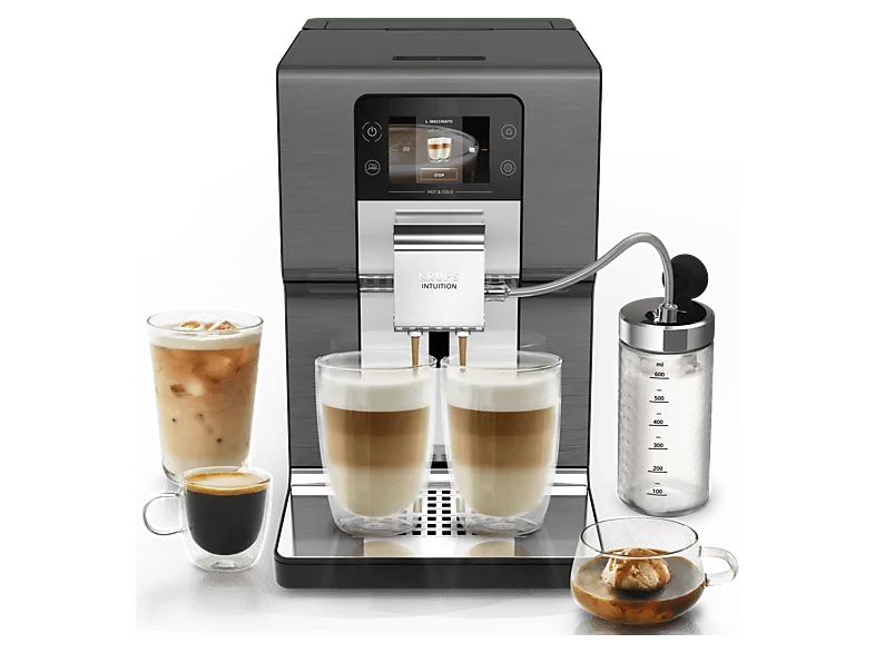 Cafetera superautomática - Krups Intuition Experience Hot&Cold, Pantalla táctil , 36 Recetas, Jarra de leche, Titanio, 15 bar, 2 tazas, Negro