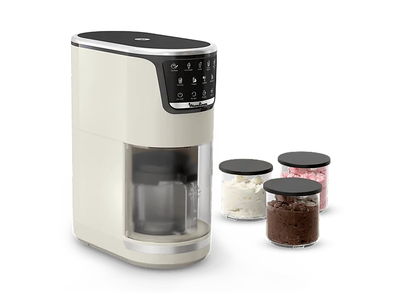 Heladera - Moulinex Dolci, 9 Programas de postres helados, 3 tarrinas tritán, 1,4 L, 600W, Resultados cremosos, Autolimpieza, Blanco