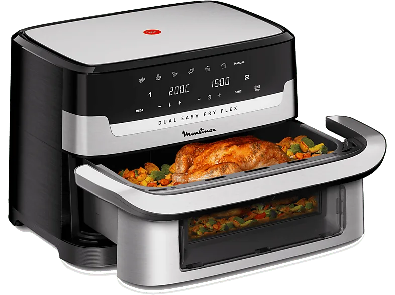 Freidora de aire - Moulinex Dual Easy Fry Flex EZ922D, 2700W, 9L, 7 programas, Separador cesta, 40°C-200°C, hasta 8 personas, Negro
