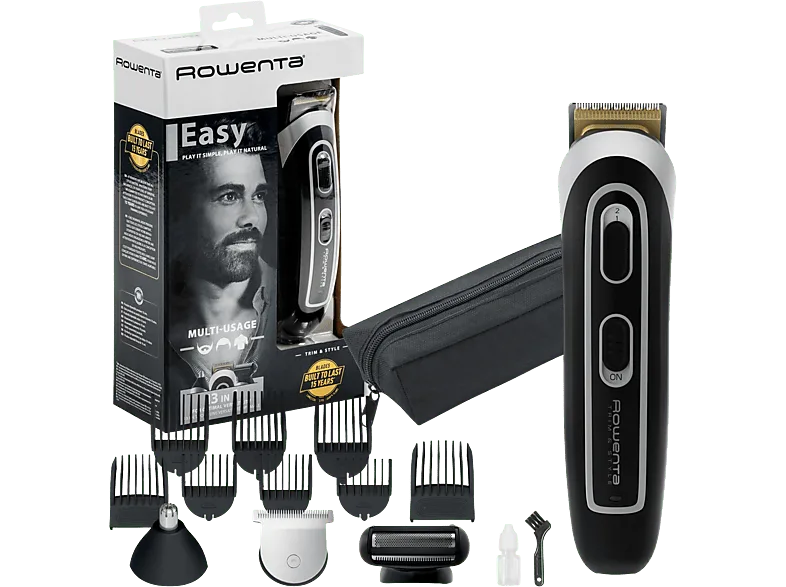 Afeitadora multifunción – Rowenta TN9140F4, Recortadora 13 en 1, Cara, cabello, cuerpo, 120 min, 6 accesorios, Recarga rápida, Wet&dry, Negro/Plata
