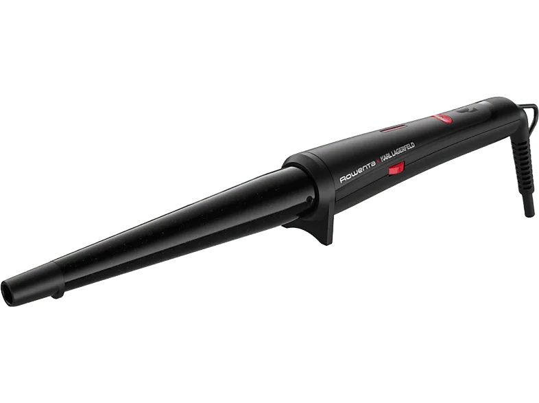 Rizador - Rowenta x Karl Lagerfeld CF324L, Keratin & Glow, Hasta 200 ºC, Cable giratorio 360 º, Calentamiento 45 s, Negro y rojo
