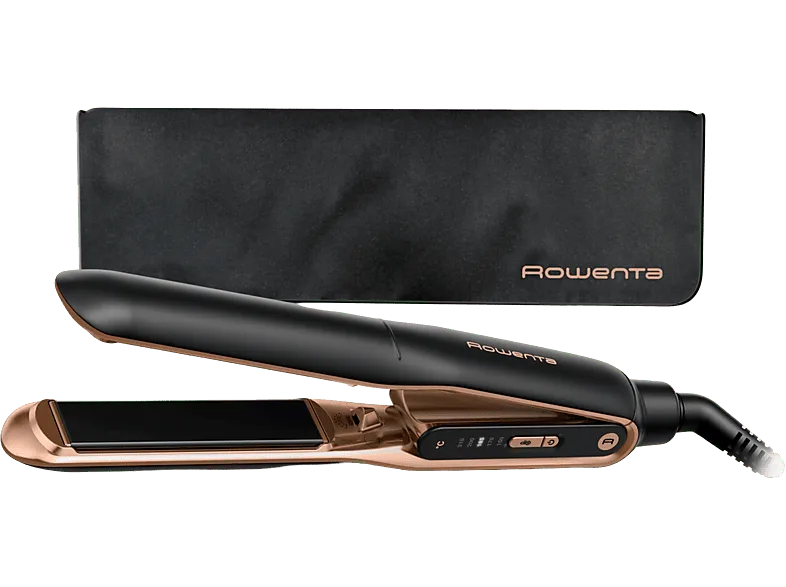 Plancha de pelo - Rowenta Ultimate Experience SF8120, Tecnología Thermocare, Revestimiento titanio, Iónica, 5 temperaturas, Panel led, Neceser, Negro