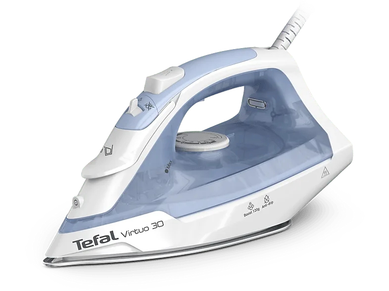 Plancha de vapor - Tefal Virtuo 30 FV2C41, 2000 W, 120 g/min, 0.24 l, Vapor vertical, Antigoteo, Antical, Blanco / Azul