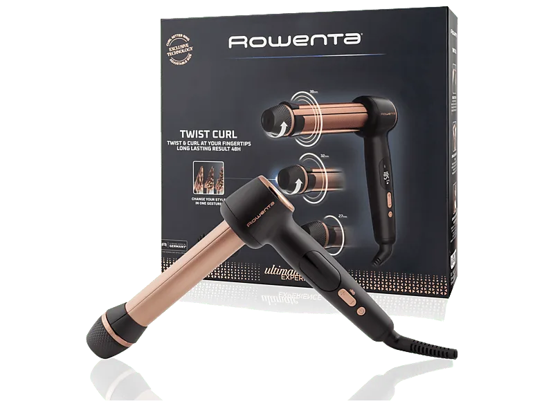 Rizador - Rowenta Twist Curl CF4620, 3 tamaños en 1, Barril ajustable forma de L, 4 temperaturas, 150 °C a 210 °C, Revestimiento cerámico, Negro​ (imagen 1 de 3)