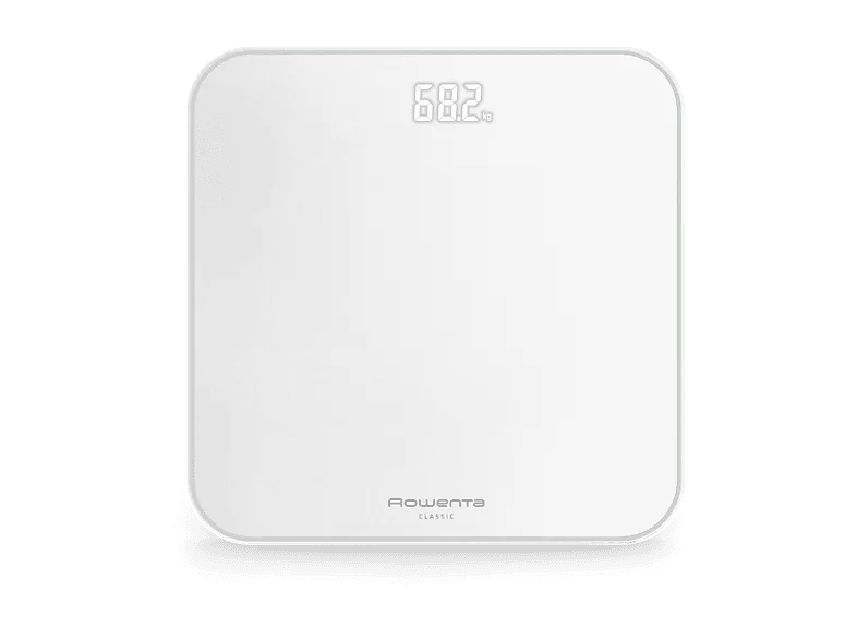 Báscula de baño - Rowenta Classic BS1901 , 180 kg, Pantalla invisible con iluminación LED, Diseño plano, Apagado automático, Cristal templado, Blanca