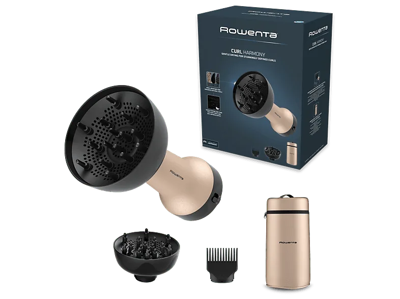 Secador - Rowenta Curl Harmony, Difusor de aire caliente, 3 en 1, 2 velocidades/temperaturas, 700W, Diseño ergonómico, accesorios, Neceser, Dorado (imagen 1 de 3)