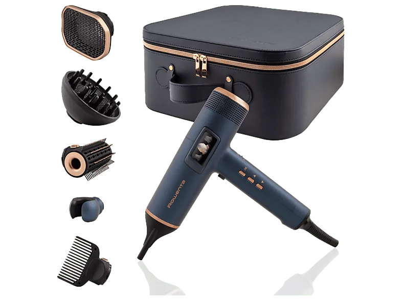 Secador - Rowenta Maestria For You HY9430, 1800 W, Pantalla LED integrada, 225 km/h, 6 Accesorios, Estuche premium, Azul metalizado