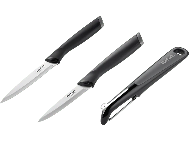 Set de cuchillos - Tefal K2213S Essential, 3 piezas, Cuchillo pelador, multiusos, Pelador, Acero inoxidable, Mango ergonómico, Negro